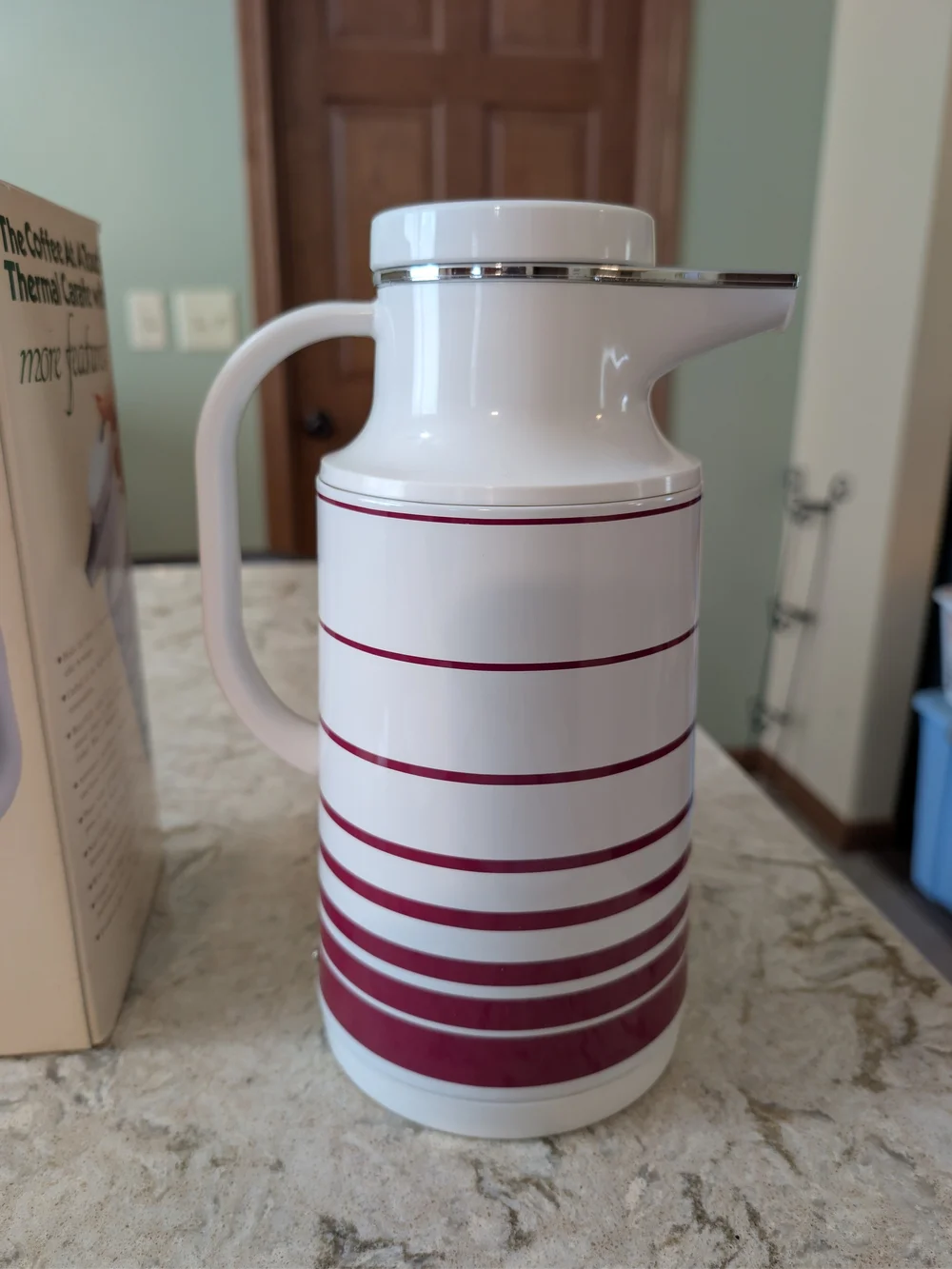 White and Burgundy Striped Thermal Carafe - Coffee At A Touch